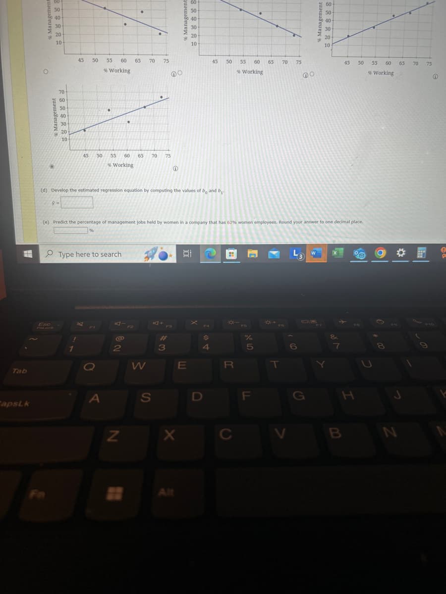 Tab
CapsLk
% Management
Management
50
40
30
20-
10-
70
60
50
40
30
20
45 50
55 60 65
70 75
% Working
45
50
55
60
65
70
75
% Working
% Mana;
60
50
40
30
20
10
45
50
55
60
65
70
75
% Working
(d) Develop the estimated regression equation by computing the values of bo and b₁
8 =
60
50
40-
30
20
10
45
50
(e) Predict the percentage of management jobs held by women in a company that has 62% women employees. Round your answer to one decimal place.
%
Esc
FnLock
Type here to search
0
@
2
W
5+
F3
F4
44
#3
*-
E
R
F5
575
%
T
L3
W
7
8
55 60 65 70 75
% Working
A
S
D
F
G
H
J
N
X
C
V
B
N
Alt
°