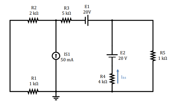 R2
2 ΚΩ
R1
1 ΚΩ
R3
5 ΚΩ
IS1
150 mA
E1
20V
ㅔ
R4
4 ΚΩ
| E2
20 V
IR4
M
R5
1 ΚΩ