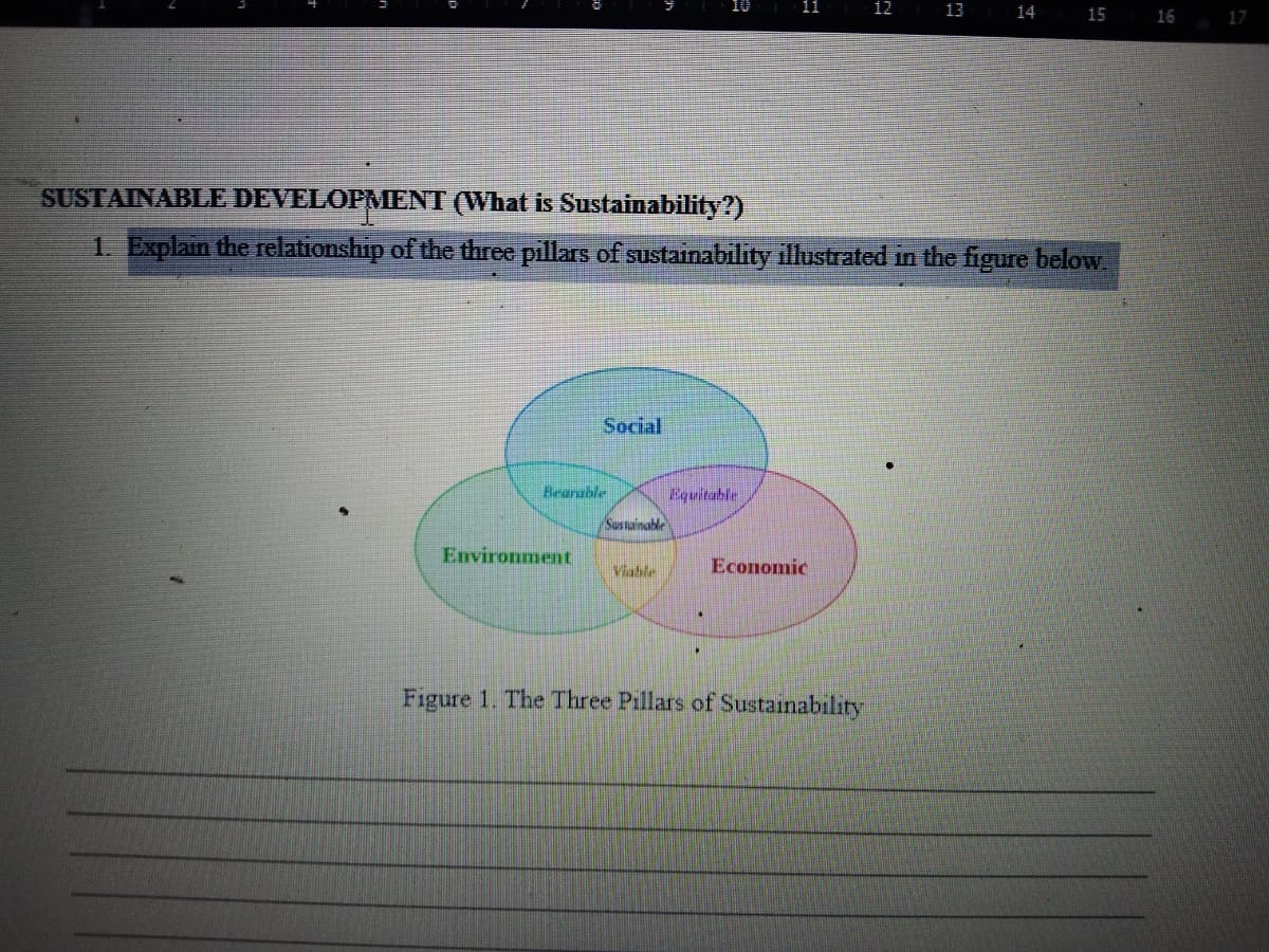 13
14 15 |16
17
SUSTAINABLE DEVELOPMENT (What is Sustainability?)
1. Explain the relationship of the three pillars of sustainability illustrated in the figure below.
Social
Bearable
Equitable
Sustainable
Environment
Viable
Economic
Figure 1. The Three Pillars of Sustainability
