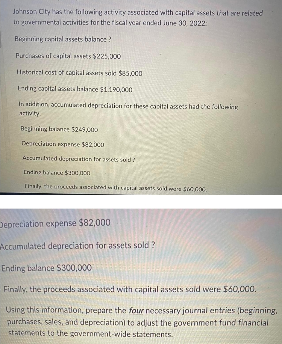 Johnson City has the following activity associated with capital assets that are related
to governmental activities for the fiscal year ended June 30, 2022:
Beginning capital assets balance ?
Purchases of capital assets $225,000
Historical cost of capital assets sold $85,000
Ending capital assets balance $1,190,000
In addition, accumulated depreciation for these capital assets had the following
activity:
Beginning balance $249,000
Depreciation expense $82,000
Accumulated depreciation for assets sold?
Ending balance $300,000
Finally, the proceeds associated with capital assets sold were $60,000.
Depreciation expense $82,000
Accumulated depreciation for assets sold?
Ending balance $300,000
Finally, the proceeds associated with capital assets sold were $60,000.
Using this information, prepare the four necessary journal entries (beginning,
purchases, sales, and depreciation) to adjust the government fund financial
statements to the government-wide statements.