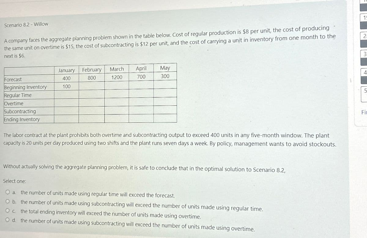 Scenario 8,2 - Willow
A company faces the aggregate planning problem shown in the table below. Cost of regular production is $8 per unit, the cost of producing
the same unit on overtime is $15, the cost of subcontracting is $12 per unit, and the cost of carrying a unit in inventory from one month to the
next is $6.
Forecast
Beginning Inventory
Regular Time
Overtime
Subcontracting
Ending Inventory
January
400
100
February
800
March
1200
April
700
May
300
The labor contract at the plant prohibits both overtime and subcontracting output to exceed 400 units in any five-month window. The plant
capacity is 20 units per day produced using two shifts and the plant runs seven days a week. By policy, management wants to avoid stockouts.
Without actually solving the aggregate planning problem, it is safe to conclude that in the optimal solution to Scenario 8.2,
Select one:
O a. the number of units made using regular time will exceed the forecast.
O b. the number of units made using subcontracting will exceed the number of units made using regular time.
O c. the total ending inventory will exceed the number of units made using overtime.
O d. the number of units made using subcontracting will exceed the number of units made using overtime.
1
2
4
Für