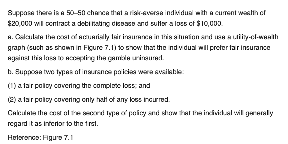 Suppose there is a 50–50 chance that a risk-averse individual with a current wealth of
$20,000 will contract a debilitating disease and suffer a loss of $10,000.
a. Calculate the cost of actuarially fair insurance in this situation and use a utility-of-wealth
graph (such as shown in Figure 7.1) to show that the individual will prefer fair insurance
against this loss to accepting the gamble uninsured.
b. Suppose two types of insurance policies were available:
(1) a fair policy covering the complete loss; and
(2) a fair policy covering only half of any loss incurred.
Calculate the cost of the second type of policy and show that the individual will generally
regard it as inferior to the first.
Reference: Figure 7.1
