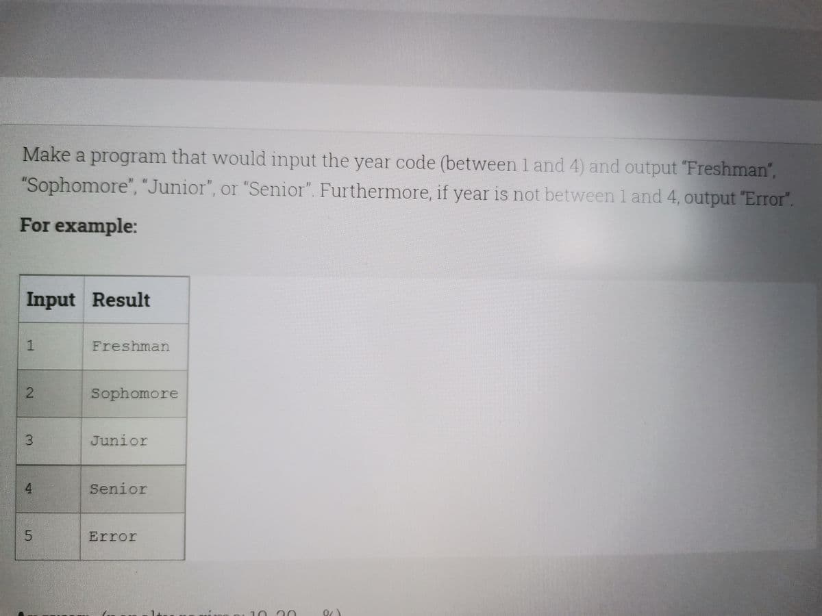 Make a program that would input the year code (between 1 and 4) and output "Freshman",
"Sophomore", "Junior", or "Senior". Furtherrmore, if year is not between 1 and 4, output "Error".
For example:
Input Result
1
Freshman
2.
Sophomore
Junior
4.
Senior
Error
3.
