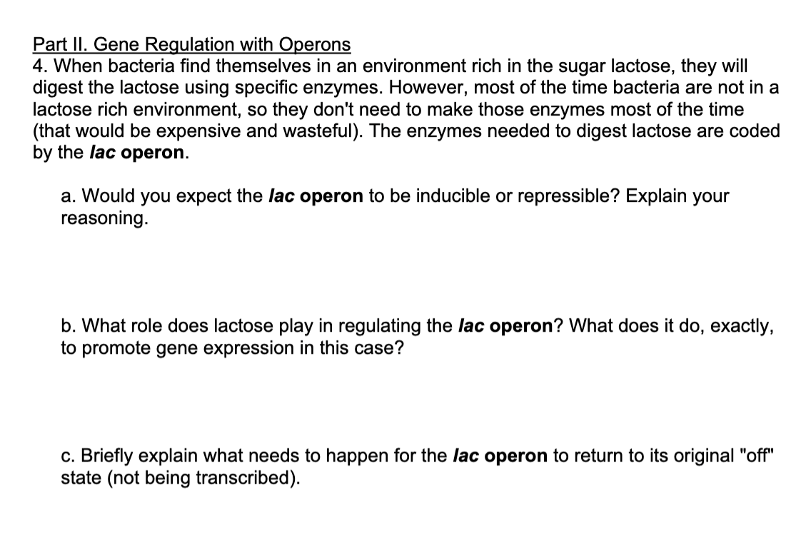 Part II. Gene Regulation with Operons
4. When bacteria find themselves in an environment rich in the sugar lactose, they will
digest the lactose using specific enzymes. However, most of the time bacteria are not in a
lactose rich environment, so they don't need to make those enzymes most of the time
(that would be expensive and wasteful). The enzymes needed to digest lactose are coded
by the lac operon.
a. Would you expect the lac operon to be inducible or repressible? Explain your
reasoning.
b. What role does lactose play in regulating the lac operon? What does it do, exactly,
to promote gene expression in this case?
c. Briefly explain what needs to happen for the lac operon to return to its original "off"
state (not being transcribed).