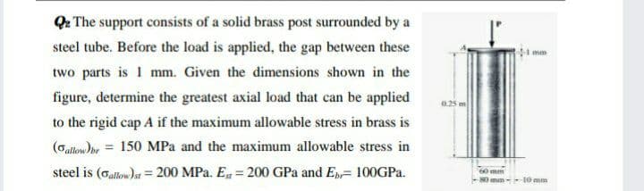 Q2 The support consists of a solid brass post surrounded by a
steel tube. Before the load is applied, the gap between these
1 mm
two parts is 1 mm. Given the dimensions shown in the
figure, determine the greatest axial load that can be applied
0.25
to the rigid cap A if the maximum allowable stress in brass is
(Galtow)or = 150 MPa and the maximum allowable stress in
steel is (Gallow)at = 200 MPa. Eg = 200 GPa and Ep= 100GPA.
60 mm
-10 mm
