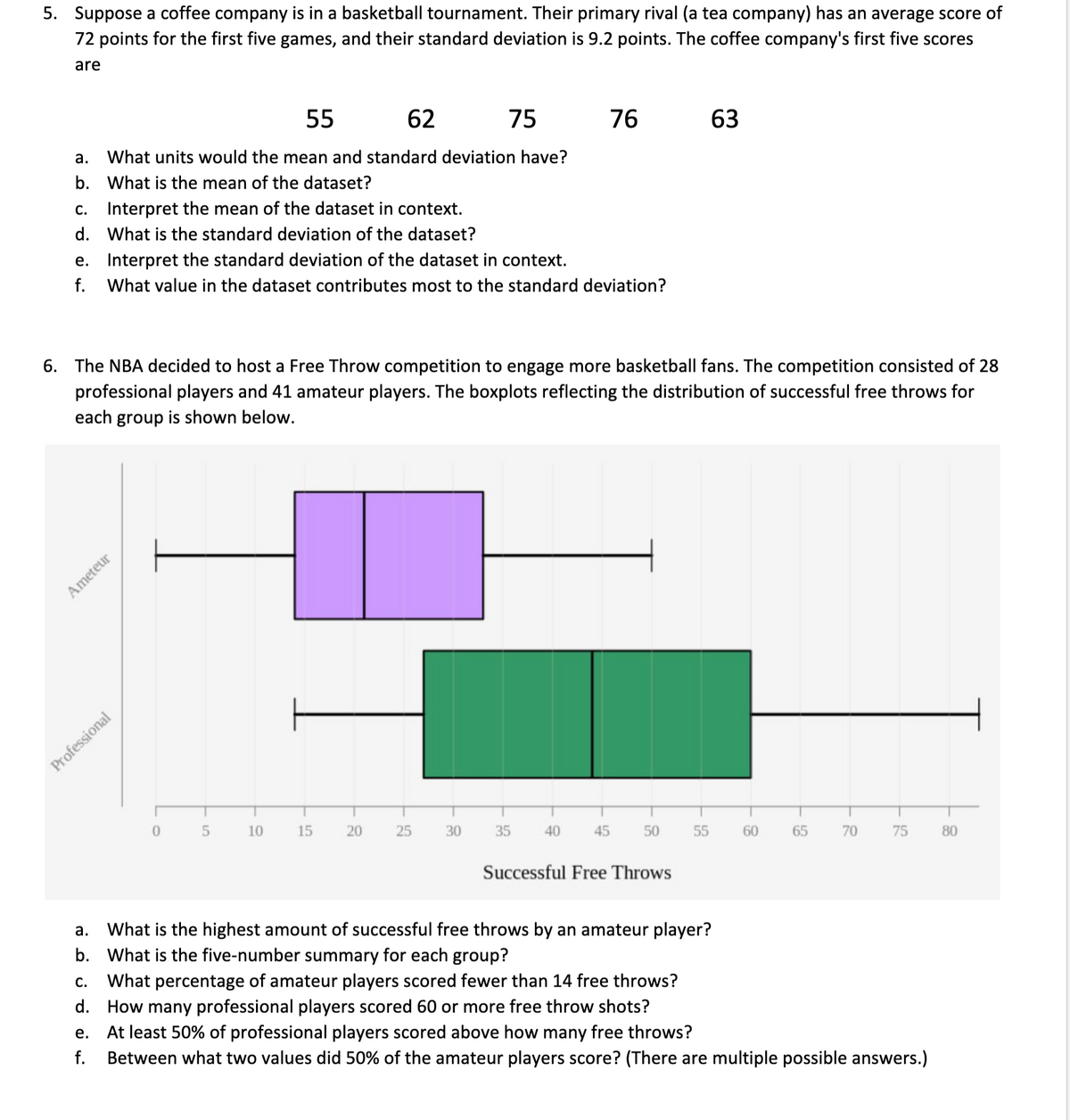 5. Suppose a coffee company is in a basketball tournament. Their primary rival (a tea company) has an average score of
72 points for the first five games, and their standard deviation is 9.2 points. The coffee company's first five scores
are
55
62
75
a.
What units would the mean and standard deviation have?
b. What is the mean of the dataset?
c. Interpret the mean of the dataset in context.
d. What is the standard deviation of the dataset?
e.
Interpret the standard deviation of the dataset in context.
What value in the dataset contributes most to the standard deviation?
Ameteur
6. The NBA decided to host a Free Throw competition to engage more basketball fans. The competition consisted of 28
professional players and 41 amateur players. The boxplots reflecting the distribution of successful free throws for
each group is shown below.
Professional
0
5
10
15
20
25
30
76
35
40
45
50
Successful Free Throws
63
55
60
65
70
75
a.
What is the highest amount of successful free throws by an amateur player?
b. What is the five-number summary for each group?
C. What percentage of amateur players scored fewer than 14 free throws?
d. How many professional players scored 60 or more free throw shots?
e. At least 50% of professional players scored above how many free throws?
Between what two values did 50% of the amateur players score? (There are multiple possible answers.)
80