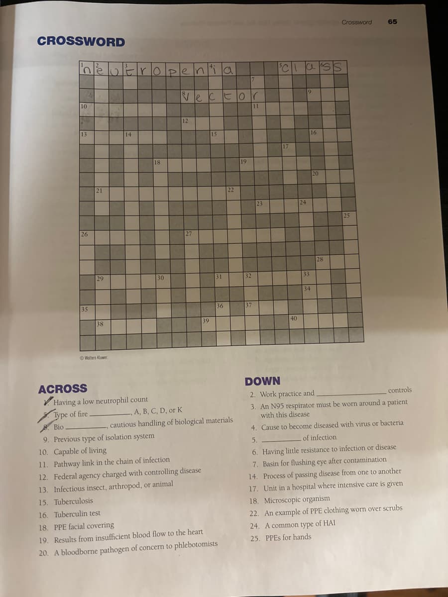 CROSSWORD
neutropenia
Vector
10
13
14
26
21
18
12
15
27
22
Class
7
9
11
19
17
16
20
Crossword
65
23
24
25
28
29
30
31
32
33
34
35
38
Wolters Kluwer
36
37
39
40
ACROSS
Having a low neutrophil count
Type of fire, A, B, C, D, or K
8. Bio
cautious handling of biological materials
9. Previous type of isolation system
10. Capable of living
11. Pathway link in the chain of infection
12. Federal agency charged with controlling disease
13. Infectious insect, arthropod, or animal
15. Tuberculosis
16. Tuberculin test
18. PPE facial covering
19. Results from insufficient blood flow to the heart
20. A bloodborne pathogen of concern to phlebotomists
DOWN
2. Work practice and
controls
3. An N95 respirator must be worn around a patient
with this disease
4. Cause to become diseased with virus or bacteria
5.
of infection
6. Having little resistance to infection or disease
7. Basin for flushing eye after contamination
14. Process of passing disease from one to another
17. Unit in a hospital where intensive care is given
18. Microscopic organism
22. An example of PPE clothing worn over scrubs
24. A common type of HAI
25. PPES for hands