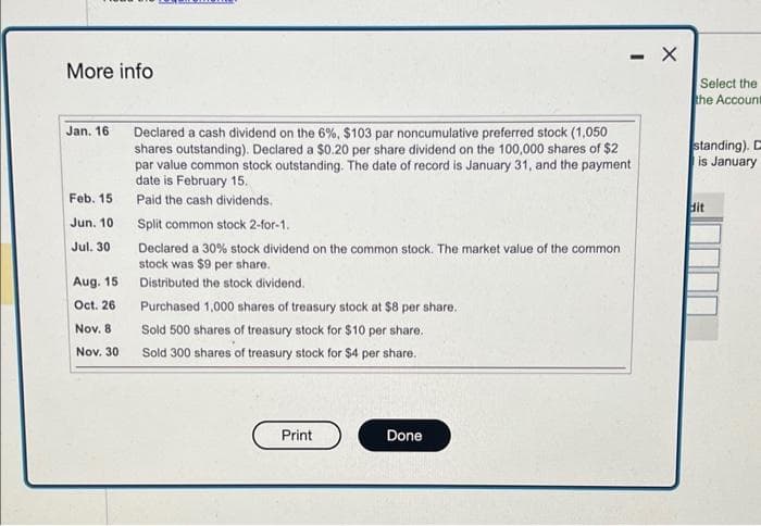 More info
Jan. 16
Feb. 15
Jun. 10
Jul. 30
Aug. 15
Oct. 26
Nov. 8
Nov. 30
Declared a cash dividend on the 6%, $103 par noncumulative preferred stock (1,050
shares outstanding). Declared a $0.20 per share dividend on the 100,000 shares of $2
par value common stock outstanding. The date of record is January 31, and the payment
date is February 15.
Paid the cash dividends.
Split common stock 2-for-1.
Declared a 30% stock dividend on the common stock. The market value of the common
stock was $9 per share.
Distributed the stock dividend.
Purchased 1,000 shares of treasury stock at $8 per share.
Sold 500 shares of treasury stock for $10 per share.
Sold 300 shares of treasury stock for $4 per share.
Print
Done
- X
Select the
the Account
standing). D
is January
dit