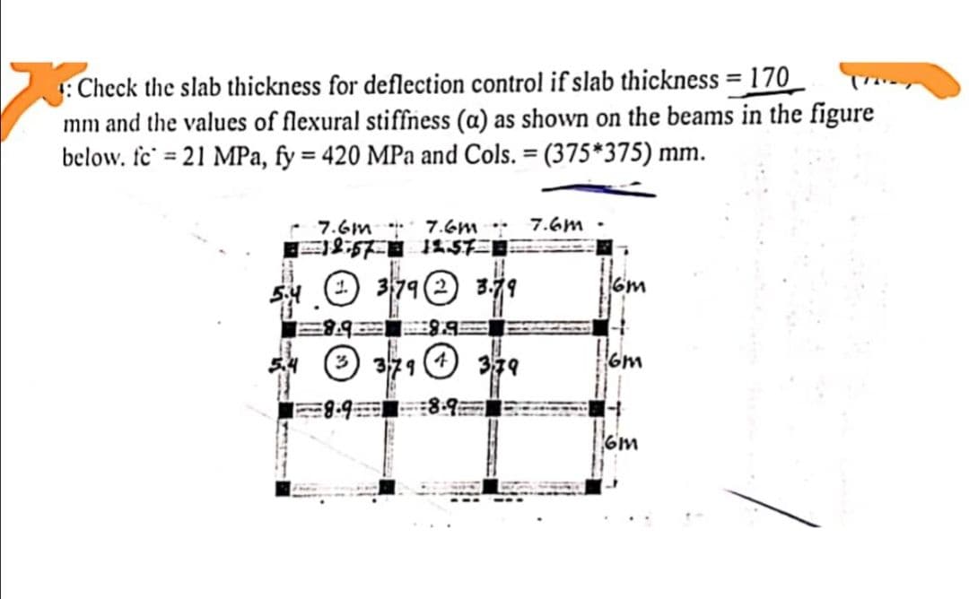 : Check the slab thickness for deflection control if slab thickness = 170
mm and the values of flexural stiffness (a) as shown on the beams in the figure
below. fc = 21 MPa, fy = 420 MPa and Cols. = (375*375) mm.
7.6m
7.6m
18:57 1257 B
1.
3792 3.79
89
89
3
379 +379
89 89
7.6m -
6m
6m
6m