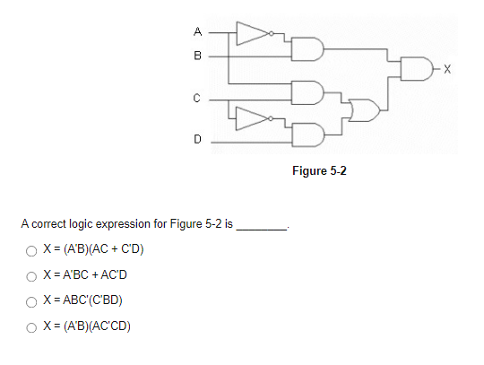 A
B
00
O
D
A correct logic expression for Figure 5-2 is
X = (A'B)(AC + C'D)
X = A'BC + AC'D
X = ABC'(C'BD)
O X= (A'B)(AC'CD)
Figure 5-2
