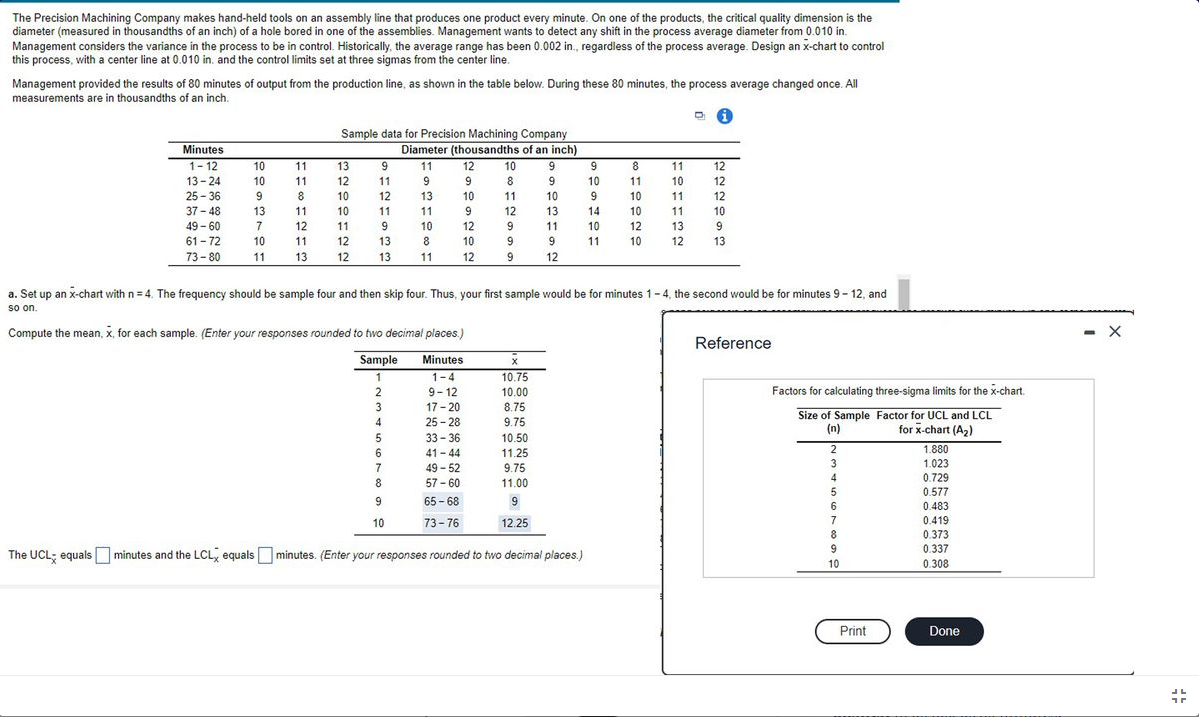 The Precision Machining Company makes hand-held tools on an assembly line that produces one product every minute. On one of the products, the critical quality dimension is the
diameter (measured in thousandths of an inch) of a hole bored in one of the assemblies. Management wants to detect any shift in the process average diameter from 0.010 in.
Management considers the variance in the process to be in control. Historically, the average range has been 0.002 in., regardless of the process average. Design an x-chart to control
this process, with a center line at 0.010 in. and the control limits set at three sigmas from the center line.
Management provided the results of 80 minutes of output from the production line, as shown in the table below. During these 80 minutes, the process average changed once. All
measurements are in thousandths of an inch.
Sample data for Precision Machining Company
Diameter (thousandths of an inch)
9
Minutes
1- 12
10
10
9
13
12
10
8.
9
8
12
12
12
10
9.
13
11
11
11
13-24
25 - 36
37 - 48
12
9
10
9
11
11
11
10
8
12
13
10
10
10
10
10
11
11
13
11
10
11
11
12
13
14
11
49 - 60
61 - 72
73- 80
7
10
12
13
12
12
11
9
9
11
10
12
10
11
12
13
8
10
9.
9
11
10
11
13
12
13
11
12
9
12
a. Set up an x-chart with n = 4. The frequency should be sample four and then skip four. Thus, your first sample would be for minutes 1-4, the second would be for minutes 9- 12, and
so on.
Compute the mean, x, for each sample. (Enter your responses rounded to two decimal places.)
- X
Reference
Sample
Minutes
1
1-4
10.75
2
3
Factors for calculating three-sigma limits for the x-chart.
9- 12
10.00
17 - 20
8.75
25 - 28
33 - 36
Size of Sample Factor for UCL and LCL
(n)
4
9.75
for x-chart (A2)
10.50
2
1.880
41- 44
49 - 52
57 - 60
6
11.25
7.
3
1.023
9.75
11.00
4
0.729
0.577
9
65 - 68
9
6
0.483
10
73- 76
12.25
7
0.419
8
0.373
0.337
The UCL; equals minutes and the LCL, equalsminutes. (Enter your responses rounded to two decimal places.)
10
0.308
Print
Done
