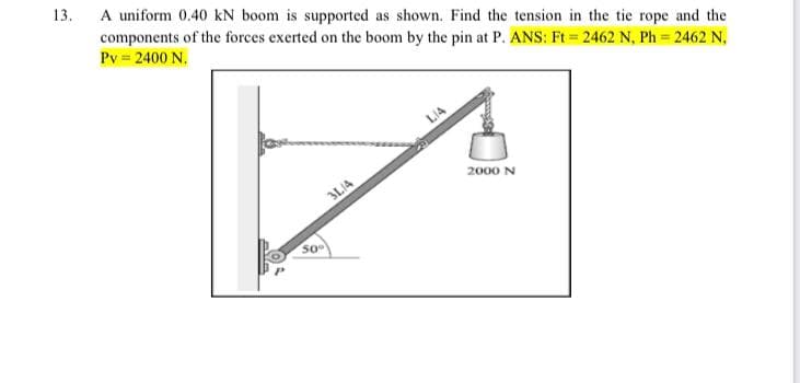 13.
A uniform 0.40 kN boom is supported as shown. Find the tension in the tie rope and the
components of the forces exerted on the boom by the pin at P. ANS: Ft = 2462 N, Ph = 2462 N,
Pv = 2400 N.
LI4
2000 N
3LI4
50

