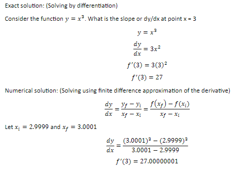 Exact solution: (Solving by differentiation)
Consider the function y = x³. What is the slope or dy/dx at point x = 3
y = x²
Let x₁ = 2.9999 and xf = 3.0001
Numerical solution: (Solving using finite difference approximation of the derivative)
dy_Vf-yi f(xf) - f (x₂)
xf - X
xf - x₂
dx
dy
dx
dy
dx
f'(3) = 3(3) ²
f'(3) = 27
=
= 3x²
(3.0001)³ - (2.9999) ³
3.0001 - 2.9999
f'(3) = 27.00000001