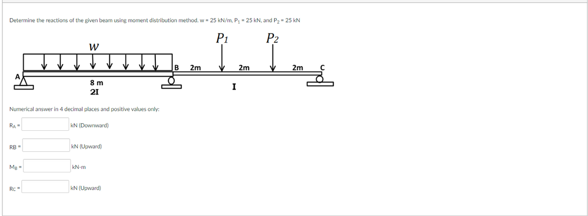 Determine the reactions of the given beam using moment distribution method. w = 25 kN/m, P₁ = 25 kN, and P₂ = 25 kN
P2
W
ping 1.1
2m
8 m
I
21
Numerical answer in 4 decimal places and positive values only:
RA =
RB =
MB =
Rc =
kN (Downward)
kN (Upward)
kN-m
kN (Upward)
B 2m
2m
с