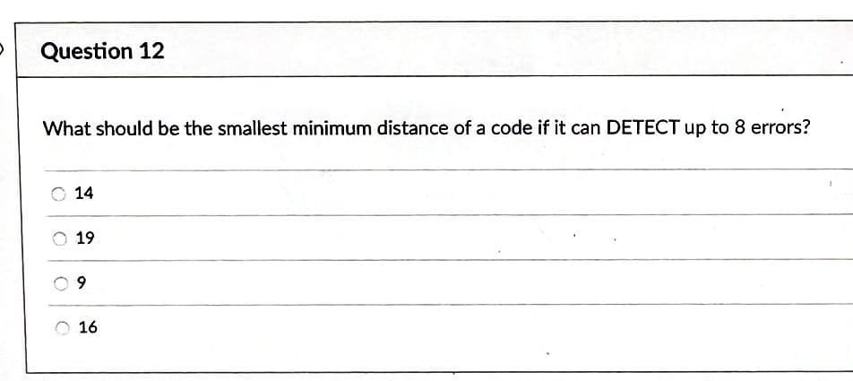Question 12
What should be the smallest minimum distance of a code if it can DETECT up to 8 errors?
O
O
14
19
9
16