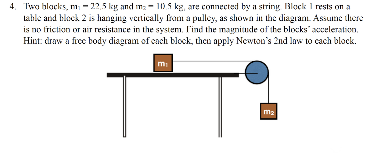 4. Two blocks, m₁ = 22.5 kg and m₂ = 10.5 kg, are connected by a string. Block 1 rests on a
table and block 2 is hanging vertically from a pulley, as shown in the diagram. Assume there
is no friction or air resistance in the system. Find the magnitude of the blocks' acceleration.
Hint: draw a free body diagram of each block, then apply Newton's 2nd law to each block.
m₁
m₂