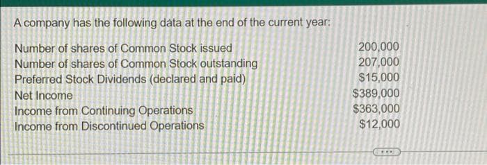 A company has the following data at the end of the current year:
Number of shares of Common Stock issued
Number of shares of Common Stock outstanding
Preferred Stock Dividends (declared and paid)
200,000
207,000
$15,000
$389,000
$363,000
$12,000
Net Income
Income from Continuing Operations
Income from Discontinued Operations
...
