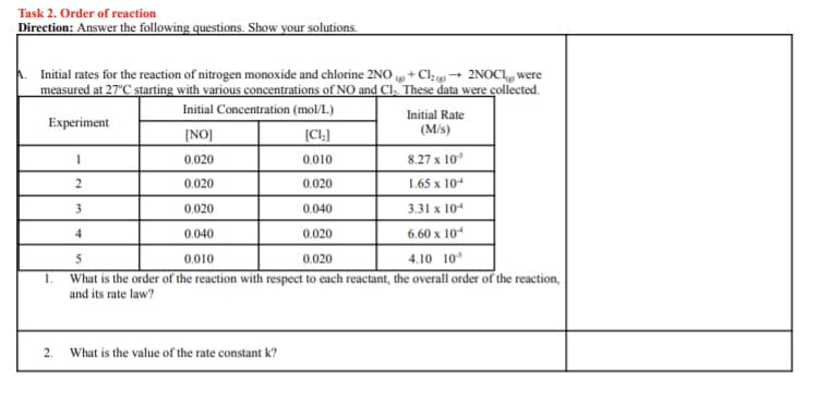 Task 2. Order of reaction
Direction: Answer the following questions. Show your solutions.
Initial rates for the reaction of nitrogen monoxide and chlorine 2NO+Cl₂ → 2NOC were
measured at 27°C starting with various concentrations of NO and Cl,. These data were collected.
Initial Concentration (mol/L)
Experiment
[NO]
[CI₂]
0.020
0.010
8.27 x 105
0.020
0.020
1.65 x 10
0.020
0.040
3.31 x 10+
0.040
0.020
6.60 x 10
5
0.010
0.020
4.10 10
What is the order of the reaction with respect to each reactant, the overall order of the reaction,
and its rate law?
1.
2.
1
2
3
4
What is the value of the rate constant k?
Initial Rate
(M/s)