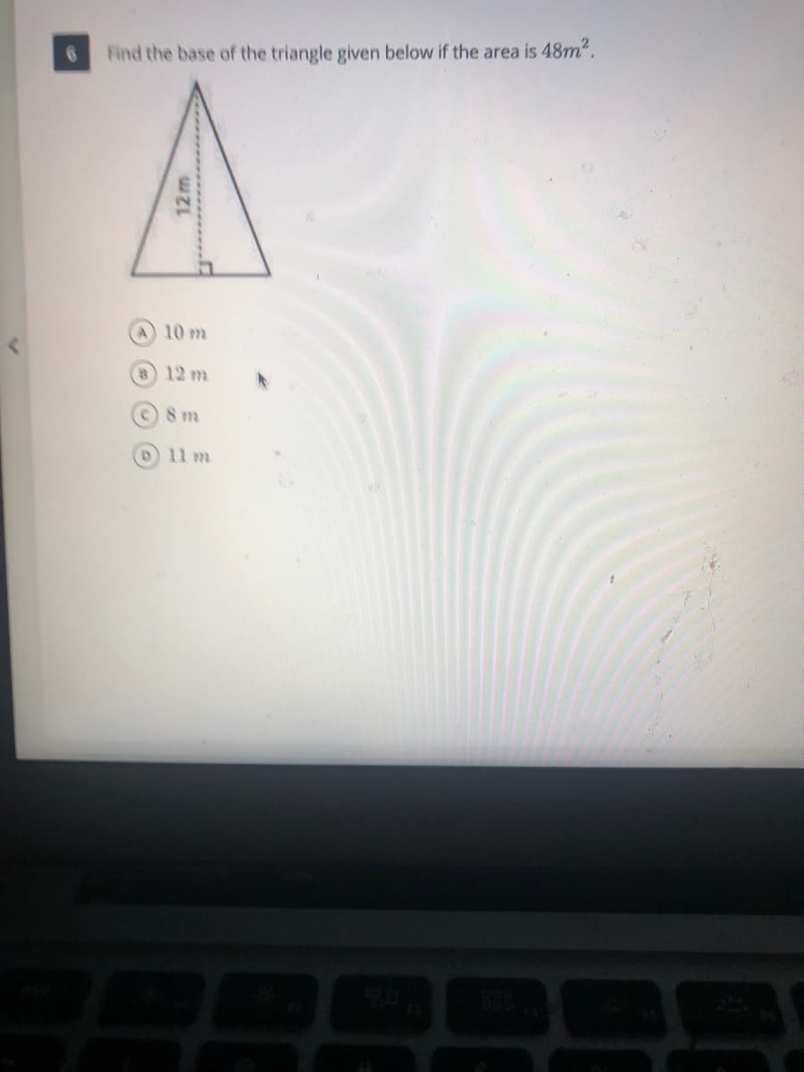 Find the base of the triangle given below if the area is 48m".
10 m
12 m
8 m
11 m
