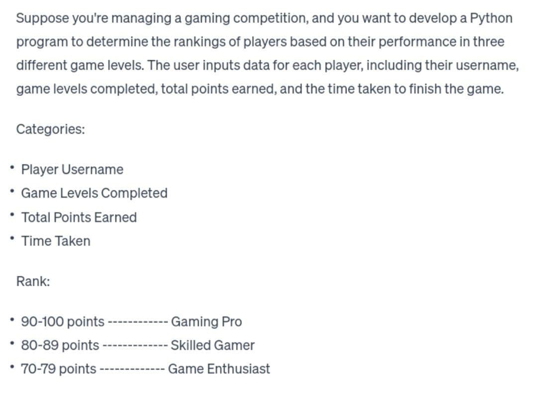 Suppose you're managing a gaming competition, and you want to develop a Python
program to determine the rankings of players based on their performance in three
different game levels. The user inputs data for each player, including their username,
game levels completed, total points earned, and the time taken to finish the game.
Categories:
Player Username
Game Levels Completed
• Total Points Earned
Time Taken
●
●
Rank:
90-100 points-
80-89 points
70-79 points
‒‒‒‒‒‒‒‒‒‒‒‒
Gaming Pro
Skilled Gamer
Game Enthusiast