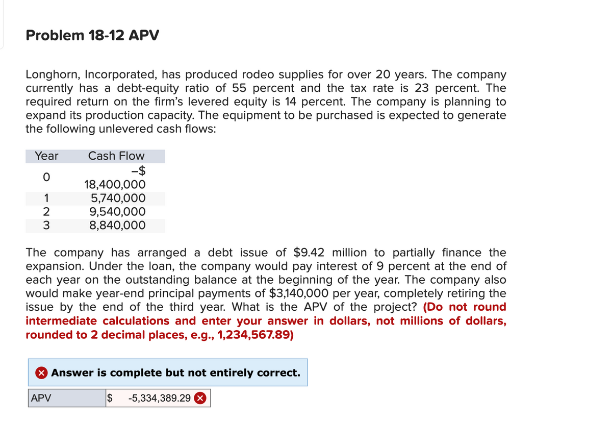 Problem 18-12 APV
Longhorn, Incorporated, has produced rodeo supplies for over 20 years. The company
currently has a debt-equity ratio of 55 percent and the tax rate is 23 percent. The
required return on the firm's levered equity is 14 percent. The company is planning to
expand its production capacity. The equipment to be purchased is expected to generate
the following unlevered cash flows:
Year
O
123
Cash Flow
-$
18,400,000
5,740,000
9,540,000
8,840,000
The company has arranged a debt issue of $9.42 million to partially finance the
expansion. Under the loan, the company would pay interest of 9 percent at the end of
each year on the outstanding balance at the beginning of the year. The company also
would make year-end principal payments of $3,140,000 per year, completely retiring the
issue by the end of the third year. What is the APV of the project? (Do not round
intermediate calculations and enter your answer in dollars, not millions of dollars,
rounded to 2 decimal places, e.g., 1,234,567.89)
X Answer is complete but not entirely correct.
APV
$ -5,334,389.29 X