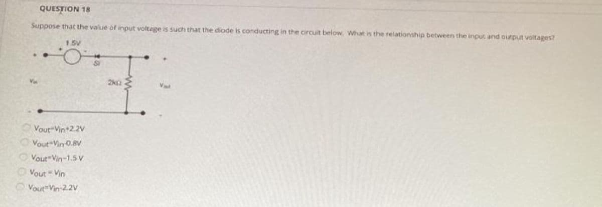 QUESTION 18
Suppose that the value of input voltage is such that the diode is conducting in the circuit below. What is the relationship between the input and output voltages?
..
Va
1.5V
Vout Vin+2.2V
Vout Vin-0.8V
Vout Vin-1.5 V
Vout Vin
Vout-Vin-2.2V
Si
Vat
