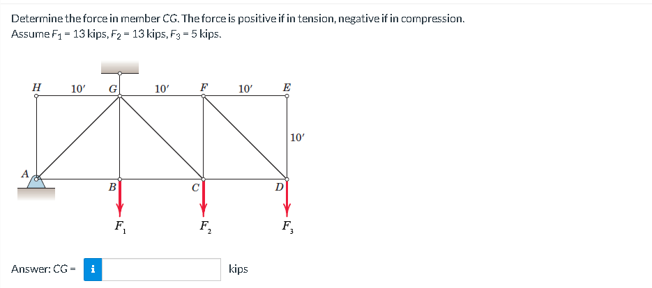 Determine the force in member CG. The force is positive if in tension, negative if in compression.
Assume F₁ = 13 kips, F₂ = 13 kips, F3 = 5 kips.
H
10'
Answer: CG= i
G
B
F₁
10'
F
F₂
10'
kips
E
D
10'
F₂
