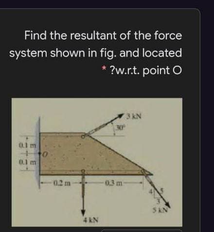 Find the resultant of the force
system shown in fig. and located
?w.r.t. point O
3 kN
30
0.1 m
0.1 m
0.2 m
0.3 m
S KN
4 kN
