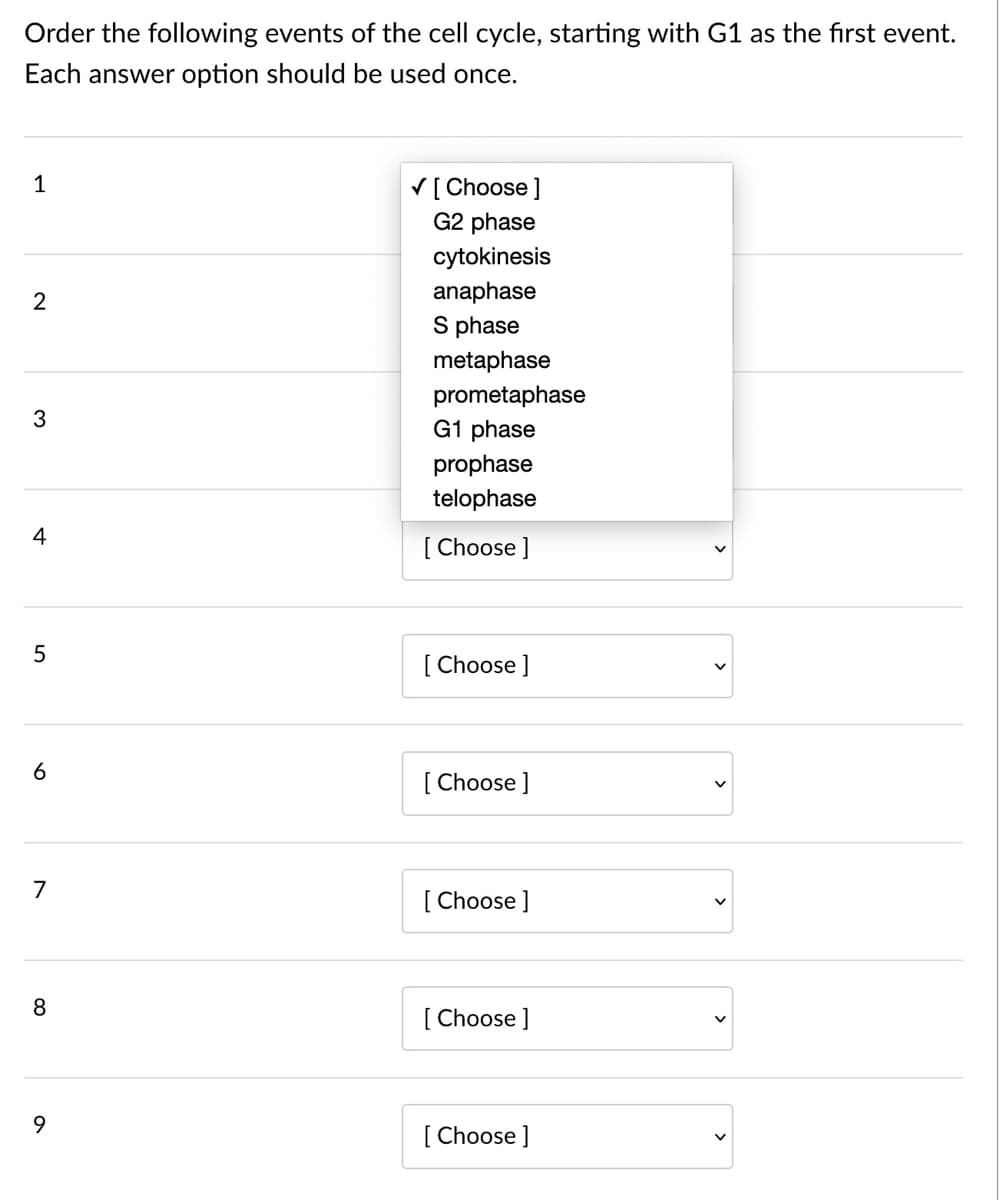 Order the following events of the cell cycle, starting with G1 as the first event.
Each answer option should be used once.
1
V[ Choose]
G2 phase
cytokinesis
2
anaphase
S phase
metaphase
prometaphase
G1 phase
3
prophase
telophase
[ Choose ]
[ Choose ]
6
[ Choose ]
7
[ Choose ]
8
[ Choose ]
[ Choose ]
