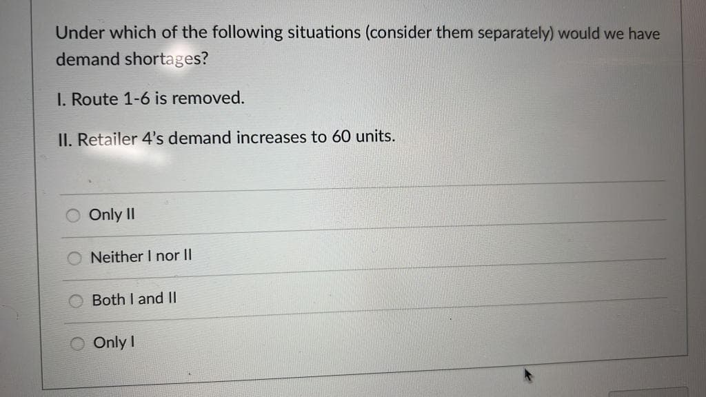 Under which of the following situations (consider them separately) would we have
demand shortages?
I. Route 1-6 is removed.
II. Retailer 4's demand increases to 60 units.
Only II
Neither I nor II
Both I and II|
Only I