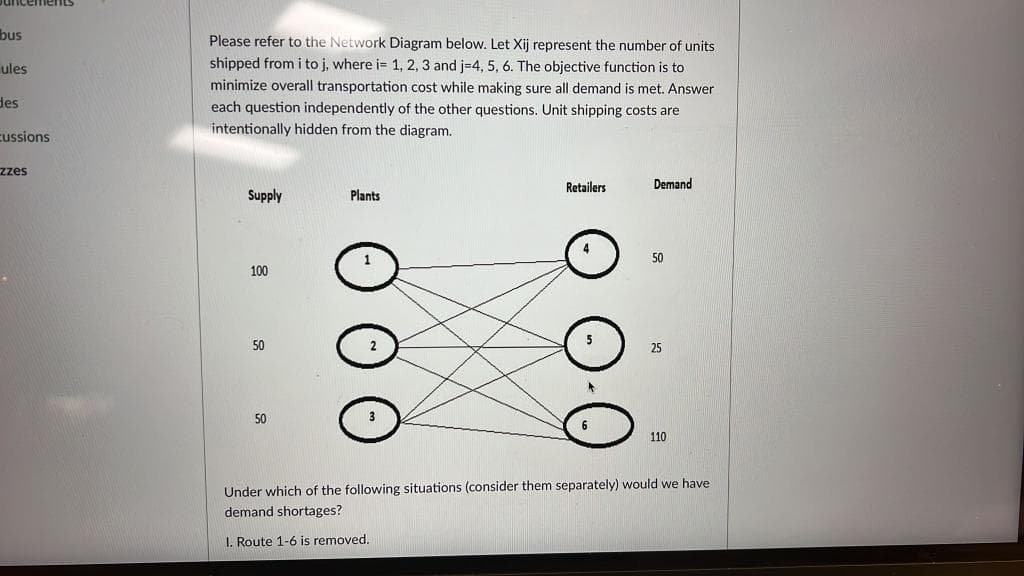 bus
ules
des
cussions
zzes
Please refer to the Network Diagram below. Let Xij represent the number of units
shipped from i to j, where i= 1, 2, 3 and j-4, 5, 6. The objective function is to
minimize overall transportation cost while making sure all demand is met. Answer
each question independently of the other questions. Unit shipping costs are
intentionally hidden from the diagram.
Supply
100
50
50
Plants
2
Retailers
Demand
50
25
110
Under which of the following situations (consider them separately) would we have
demand shortages?
I. Route 1-6 is removed.