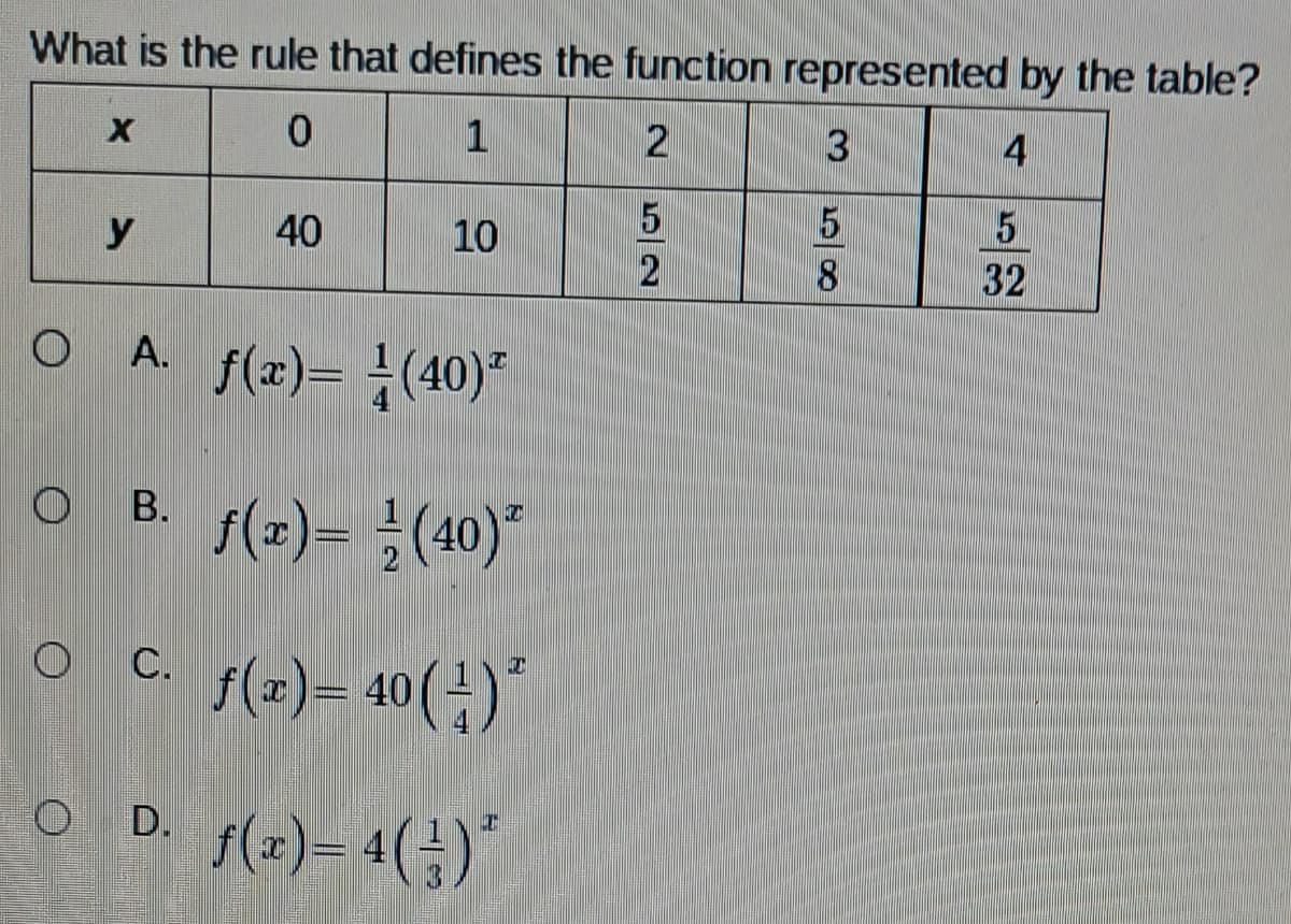 What is the rule that defines the function represented by the table?
0
1
2
4
X
y
40
OA.
10
A. ƒ(x)= (40)ª
OB. f(x)= (40)*
O C- f(z) = 40(4)*
C.
OD. f(x) = 4(3)
T
5
2
3
5
8
5
32
