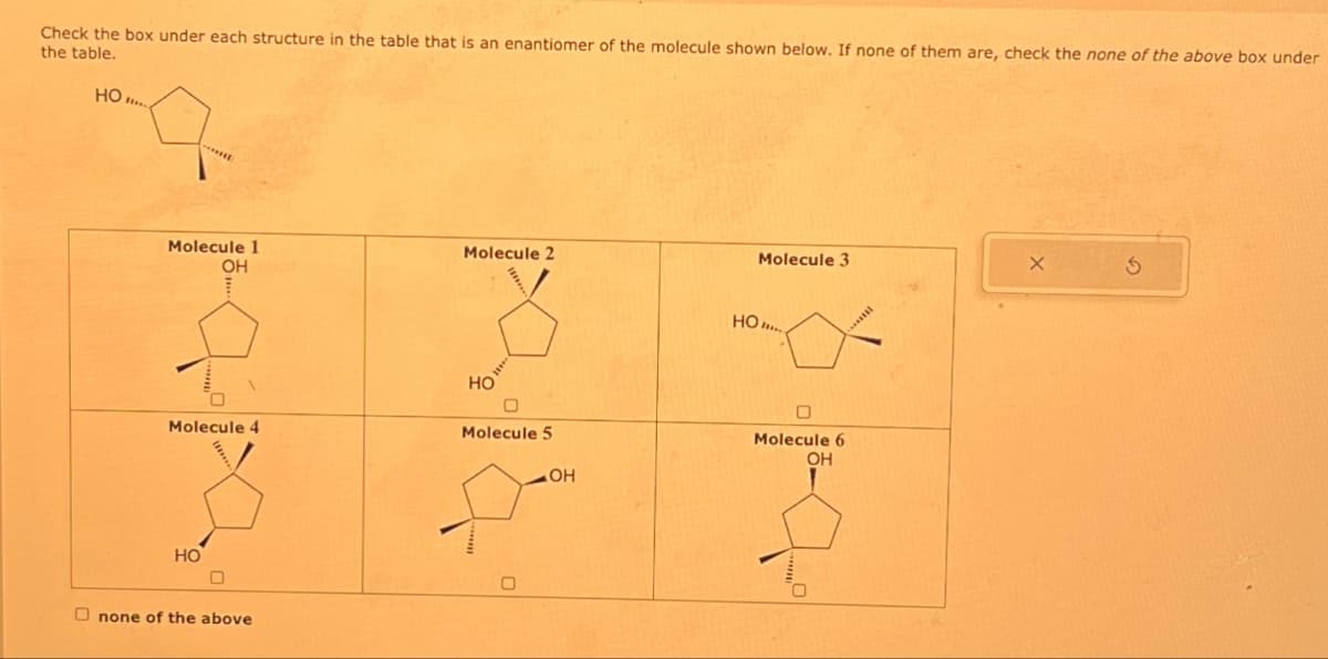 Check the box under each structure in the table that is an enantiomer of the molecule shown below. If none of them are, check the none of the above box under
the table.
HO...
Molecule 1
OH
Molecule 4
HO
m.
0
Onone of the above
Molecule 2
II
HO
Molecule 5
f
OH
Molecule 3
HO...
0
Molecule 6
OH
X
3