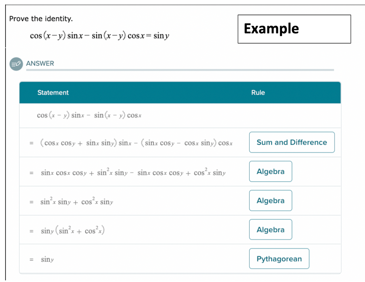 Prove the identity.
cos (x-y) sinx-sin(x-y) cosx = siny
EANSWER
=
=
=
Statement
cos (x - y) sinx - sin(x - y) cosx
(cosx cosy + sinx siny) sinx − (sinx cosy – cosx siny) cosx
sinx cosx cosy + sin’x siny - sinx cosx cosy + cos’x siny
2
cos²x siny
sin²x siny + cos²x
= siny (sin²x + cos²x)
= siny
Example
Rule
Sum and Difference
Algebra
Algebra
Algebra
Pythagorean