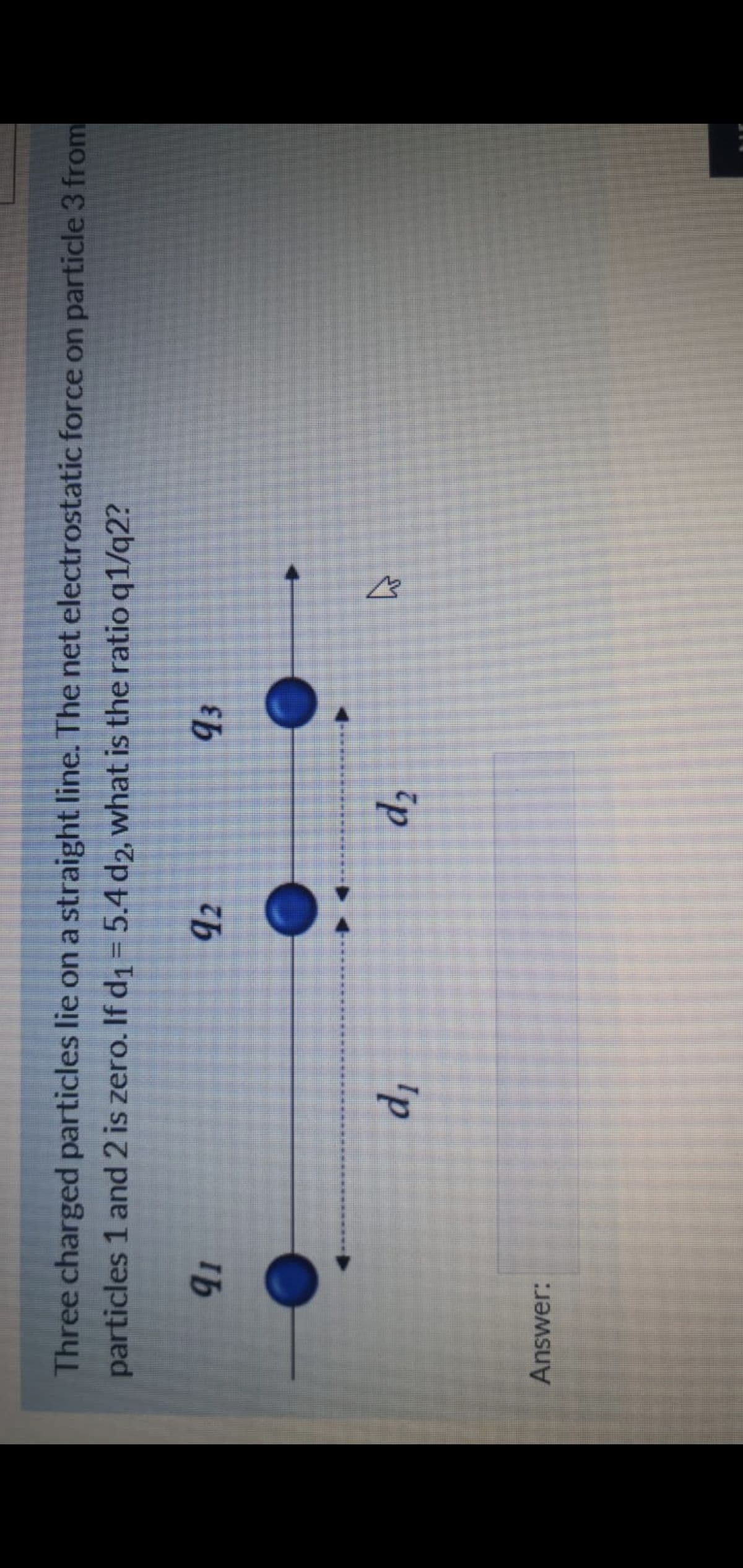 Three charged particles lie on a straight line. The net electrostatic force on particle 3 from
particles 1 and 2 is zero. If d1 = 5.4 d2, what is the ratio q1/q2?
92
1b
*****
'p
Answer:
