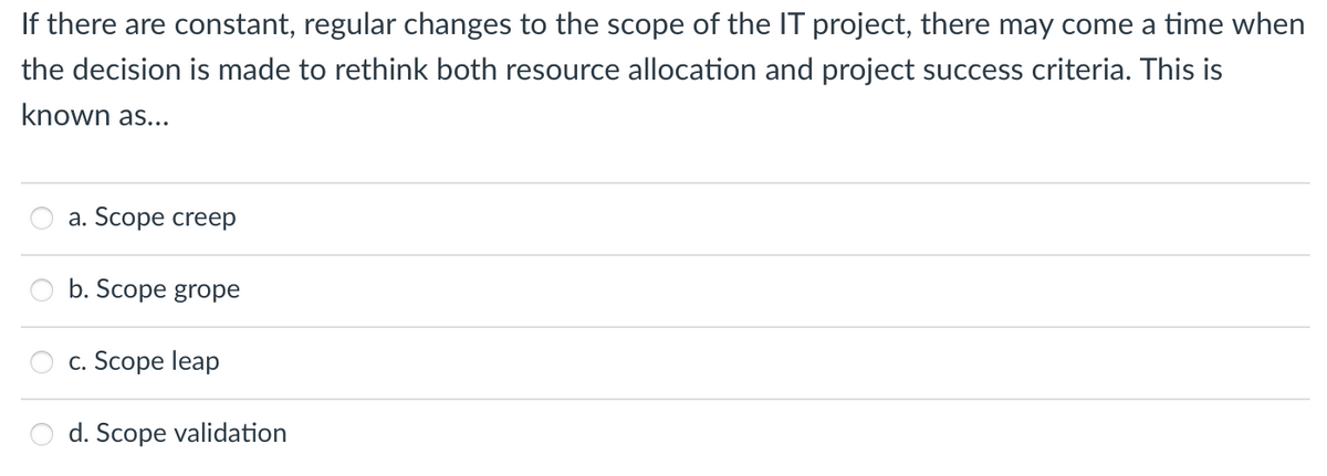 If there are constant, regular changes to the scope of the IT project, there may come a time when
the decision is made to rethink both resource allocation and project success criteria. This is
known as...
a. Scope creep
b. Scope grope
c. Scope leap
d. Scope validation