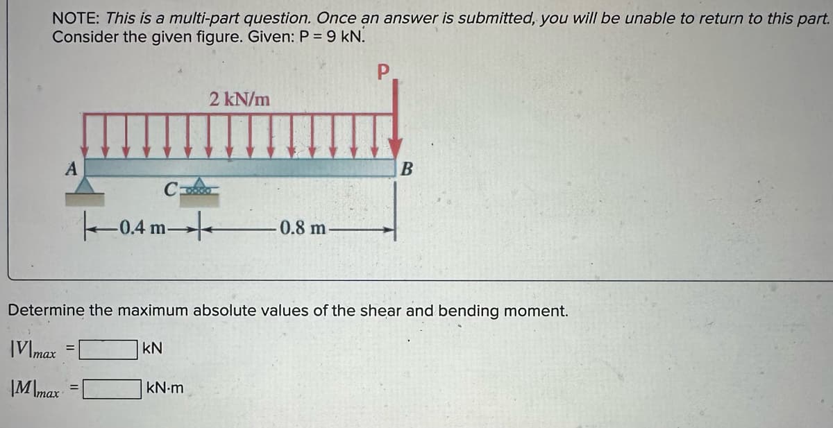 NOTE: This is a multi-part question. Once an answer is submitted, you will be unable to return to this part.
Consider the given figure. Given: P = 9 kN.
A
M\max
C
0.4 m
2 kN/m
kN-m
0.8 m-
P
Determine the maximum absolute values of the shear and bending moment.
KN
V\max
B