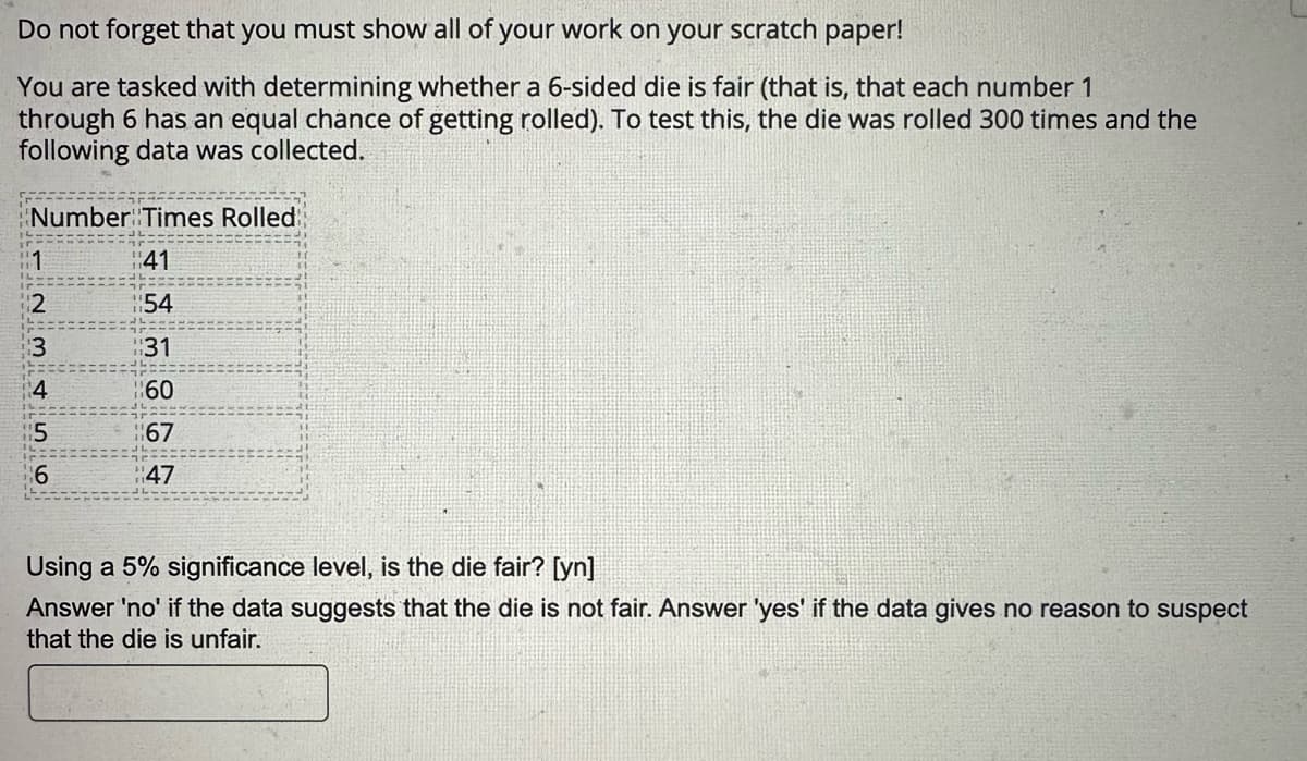 Do not forget that you must show all of your work on your scratch paper!
You are tasked with determining whether a 6-sided die is fair (that is, that each number 1
through 6 has an equal chance of getting rolled). To test this, the die was rolled 300 times and the
following data was collected.
Number Times Rolled
#41
1154
31
#60
67
47
#1
234 56
15
Using a 5% significance level, is the die fair? [yn]
Answer 'no' if the data suggests that the die is not fair. Answer 'yes' if the data gives no reason to suspect
that the die is unfair.