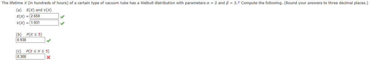 The lifetime X (in hundreds of hours) of a certain type of vacuum tube has a Weibull distribution with parameters α = 2 and ß = 3.+ Compute the following. (Round your answers to three decimal places.)
(a) E(X) and V(X)
E(X) = 2.659
V(X) = 1.931
(b) P(X ≤ 5)
0.938
P(2 ≤ x ≤ 5)
x
(c)
0.306