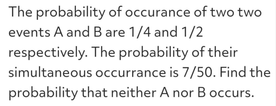 The probability of occurance of two two
events A and B are 1/4 and 1/2
respectively. The probability of their
simultaneous
occurrance is 7/50. Find the
probability that neither A nor B occurs.