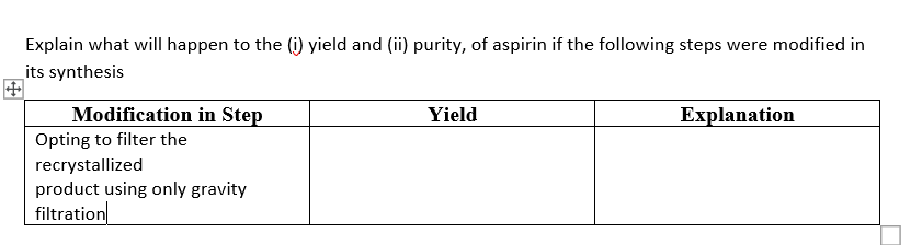 Explain what will happen to the (i) yield and (ii) purity, of aspirin if the following steps were modified in
its synthesis
Modification in Step
Yield
Explanation
Opting to filter the
recrystallized
product using only gravity
filtration
国
