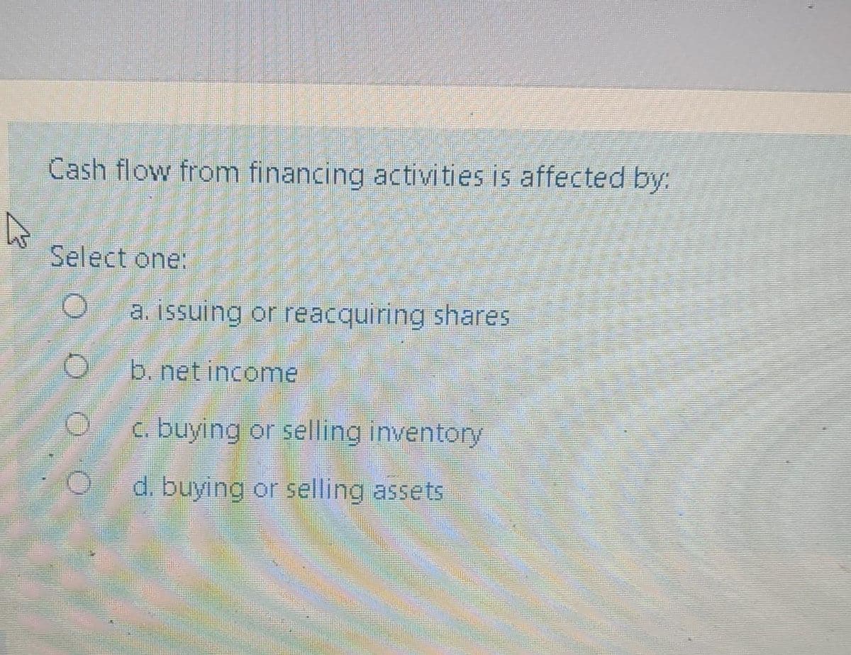 Cash flow from financing activities is affected by:
Select one:
O
a. Issuing or reacquiring shares.
b. net income
c. buying or selling inventory
d. buying or selling assets