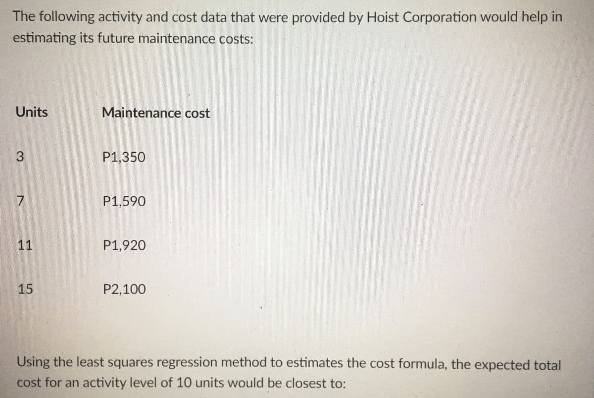 The following activity and cost data that were provided by Hoist Corporation would help in
estimating its future maintenance costs:
Units
Maintenance cost
P1,350
7
P1,590
11
P1,920
15
P2,100
Using the least squares regression method to estimates the cost formula, the expected total
cost for an activity level of 10 units would be closest to:

