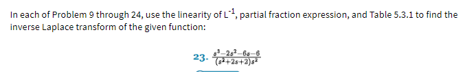 In each of Problem 9 through 24, use the linearity of L¹, partial fraction expression, and Table 5.3.1 to find the
inverse Laplace transform of the given function:
23.
-28²-68-6
(s²+2s+2)s²