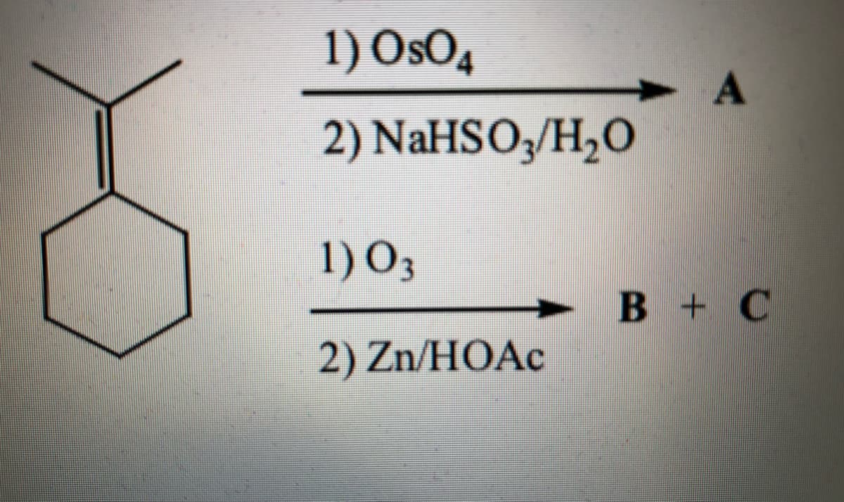 1) OsO4
2) NaHSO;/H,O
1) O3
B + C
2) Zn/HOAC
