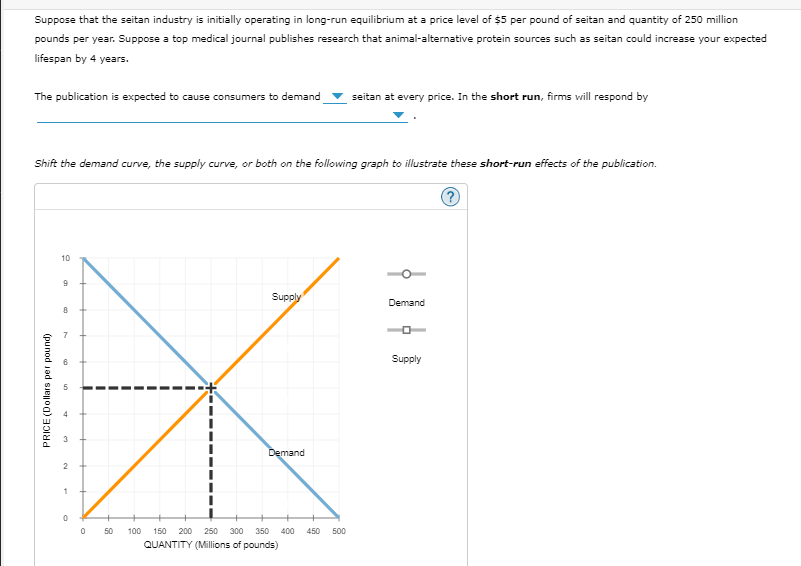 Suppose that the seitan industry is initially operating in long-run equilibrium at a price level of $5 per pound of seitan and quantity of 250 million
pounds per year. Suppose a top medical journal publishes research that animal-alternative protein sources such as seitan could increase your expected
lifespan by 4 years.
The publication is expected to cause consumers to demand seitan at every price. In the short run, firms will respond by
Shift the demand curve, the supply curve, or both on the following graph to illustrate these short-run effects of the publication.
PRICE (Dollars per pound)
10
9
8
पं
2
1
0
Supply
Demand
0 50 100 150 200 250 300 350 400 450 500
QUANTITY (Millions of pounds)
Demand
O
Supply