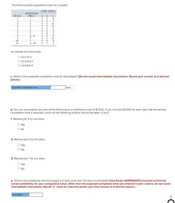 The following table represents a plan for a project
TIMES (DAYS)
308 NO.
PREDECESSOR
308 (5)
b. Indicate the critical path
Ⓒ1-4-7-10-11
O 1-2-5-8-9-11
01-3-6-8-9-11
9, 20
Expected completion time
O Yes
O No
12
c. What is the expected completion time for the project? (Do not round intermediate calculations. Round your answer to 2 decimal
places.)
12
$7
Probability
d. You can accomplish any one of the following at an additional cost of $1,500. If you will save $1,000 for each day that the earliest
completion time is reduced, which of the following actions should be taken, if any?
1. Reduce job 5 by two days.
2. Reduce job 3 by two days.
Ⓒ Yes
O No
3. Reduce job 7 by two days.
Ⓒ Yes
O No
days
e. What is the probability that the project will take more than 30 days to complete? (Use Excel's NORMSDIST() function to find the
correct probability for your computed Z-value. Other than the expected completion time you entered in part c above, do not round
intermediate calculations. Round "2" value to 2 decimal places your final answer to 4 decimal places.)