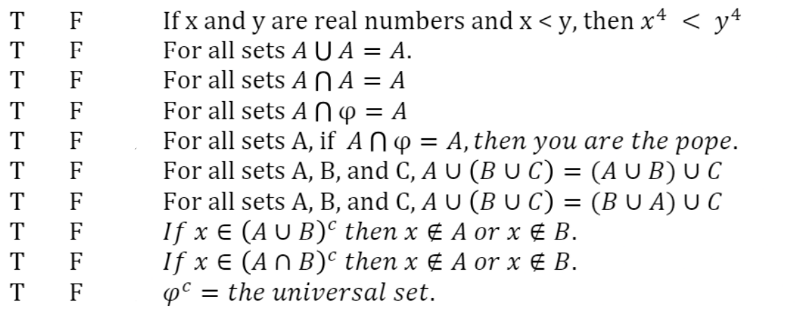 T F
T F
T
T F
T
T
F FF FF FF F
T
T
T
F
T F
4
If x and y are real numbers and x <y, then x² < y²
For all sets A UA = A.
For all sets A NA=A
For all sets A NY
= A
=
For all sets A, if AN Q = A, then you are the pope.
For all sets A, B, and C, A U (B U C) : (AUB) UC
For all sets A, B, and C, A U (B U C) = (B U A) U C
If x = (AUB)º then x & A or x & B.
If x = (An B)c then x & A or x & B.
φα
= the universal set.