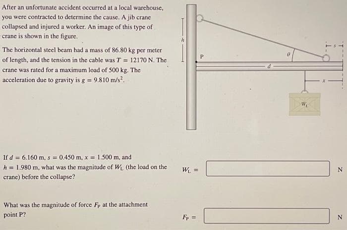 After an unfortunate accident occurred at a local warehouse,
you were contracted to determine the cause. A jib crane
collapsed and injured a worker. An image of this type of
crane is shown in the figure.
The horizontal steel beam had a mass of 86.80 kg per meter
of length, and the tension in the cable was T = 12170 N. The
crane was rated for a maximum load of 500 kg. The
acceleration due to gravity is g = 9.810 m/s².
If d = 6.160 m, s = 0.450 m, x = 1.500 m, and
h = 1.980 m, what was the magnitude of W₁ (the load on the
crane) before the collapse?
What was the magnitude of force Fp at the attachment
point P?
WL =
Fp =
P
0
W₁
N
N