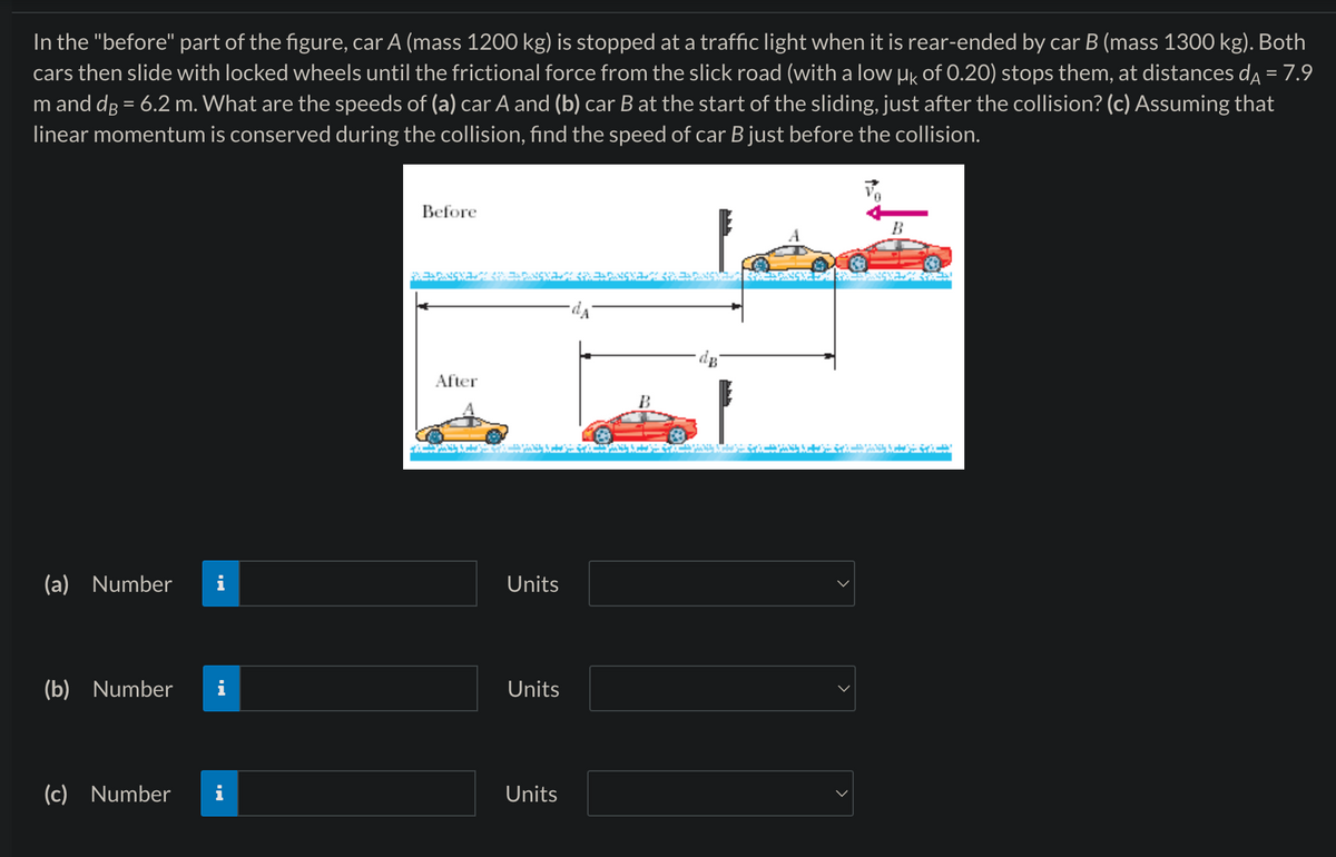 In the "before" part of the figure, car A (mass 1200 kg) is stopped at a traffic light when it is rear-ended by car B (mass 1300 kg). Both
cars then slide with locked wheels until the frictional force from the slick road (with a low μk of 0.20) stops them, at distances då = 7.9
m and dB = 6.2 m. What are the speeds of (a) car A and (b) car B at the start of the sliding, just after the collision? (c) Assuming that
linear momentum is conserved during the collision, find the speed of car B just before the collision.
Before
After
(a) Number
Units
(b) Number
Units
(c) Number
Units
B
B